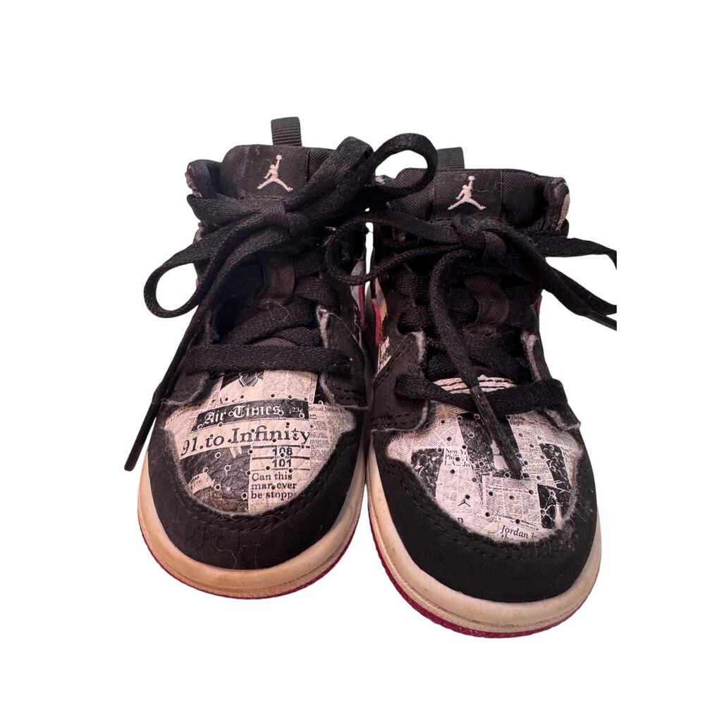 Jordan 1 Mid TD Newspaper Print Black Gym Red Toddler Shoes BQ6933-061 Size 5C